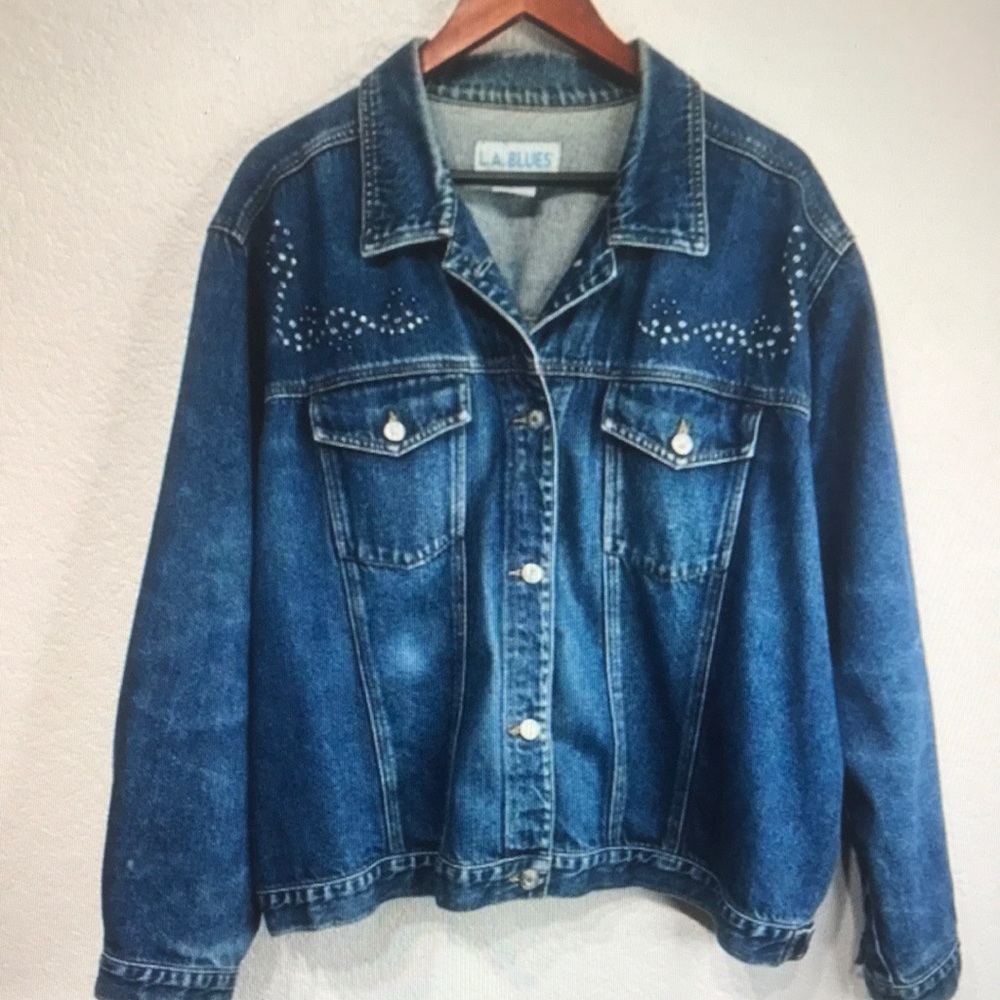 90S LA blue studded denim jean jacket dark wash women